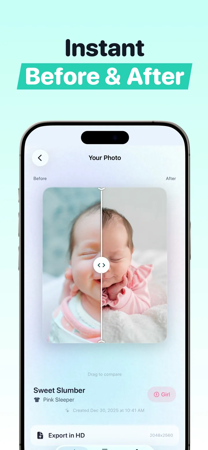 Instant before and after slider comparing an original baby photo with the AI-generated Sweet Slumber portrait, with HD export option