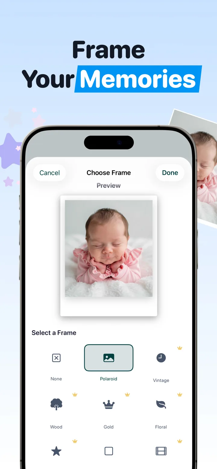 Frame chooser with Polaroid, Vintage, Wood, Gold and Floral frame options for baby portraits